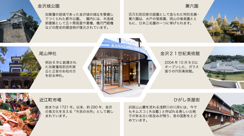 金沢ニューグランドホテル 歴史と伝統が今も受け継がれ、金沢の中心に位置し、主要観光名所へと徒歩で向かうことができる観光に便利なホテル